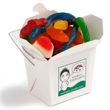 WHITE CARDBOARD NOODLE BOX FILLED WITH MIXED LOLLIES 100G