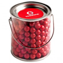 BIG PVC BUCKET FILLED WITH WITH ORANGE CHOC DROPS (JAFFA LOOK ALIKE) 800G