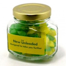 CORPORATE COLOURED HUMBUGS IN GLASS SQUEXAGONAL JAR 80G