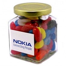JELLY BEANS IN GLASS SQUARE JAR 170G (Mixed Colours or Corporate Colours)