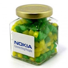 CORPORATE COLOURED HUMBUGS IN GLASS SQUARE JAR 140G