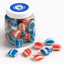 CORPORATE COLOURED HUMBUGS IN PLASTIC JAR 150G