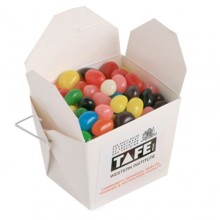WHITE CARDBOARD NOODLE BOX WITH JELLY BEANS 100G (Mixed Colours or Corporate Colours)