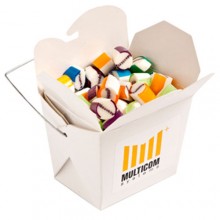 WHITE CARDBOARD NOODLE BOX FILLED WITH PERSONALISED ROCK CANDY 100G
