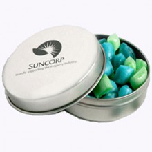 CANDLE TIN FILLED WITH CORPORATE COLOURED TINY HUMBUGS 50G