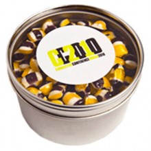 SMALL ROUND ACRYLIC WINDOW TIN FILLLED WITH TINY HUMBUGS 170G