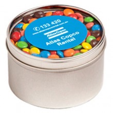 SMALL ROUND ACRYLIC WINDOW TIN FILLLED WITH M&Ms