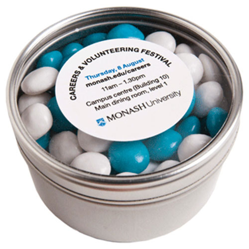 SMALL ROUND ACRYLIC WINDOW TIN FILLLED WITH CHEWY FRUITS (SKITTLE LOOK ALIKE)